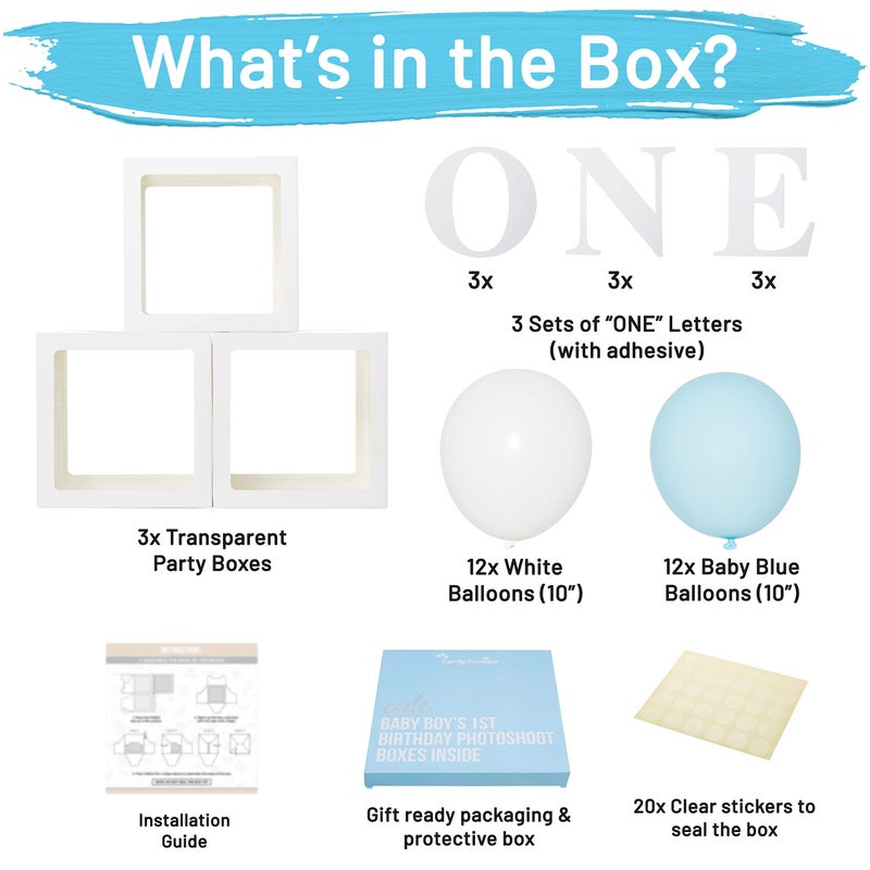 PartyHooman 1st Birthday 'ONE' Boxes - Boy Decorations with 24 Balloons - Clear Cube Blocks 'ONE' Letters for Cake Smash Photoshoot Props & Backdrop - Image 5